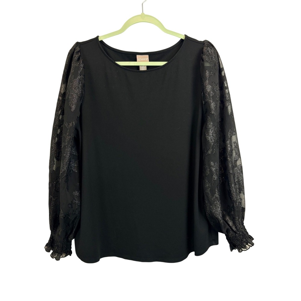 Chico's Women Black Blouse Sheer Floral Metallic Balloon Sleeve Dressy Top